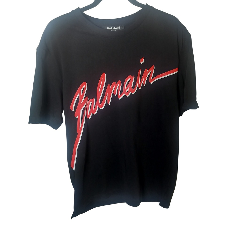 Balmain‎ Paris Mens XL Black Script Logo Graphic T-Shirt New With Tags